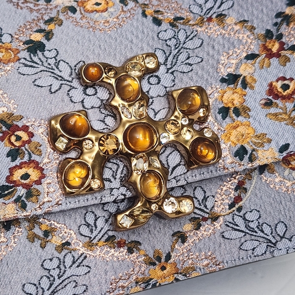 NEW TORY BURCH ELEANOR SHOULDER CROSSBODY BAG SEA FROST FLORAL JEWELED PURSE - Picture 2 of 16